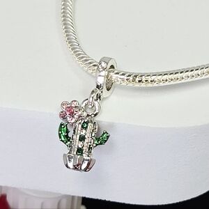 Saguaro Cactus Rhinestone Charm Pendant Green Pink Flower Southwest Jewelry Chic